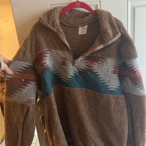 Brown and Blue Crew Neck Sweater with Geometric Pattern